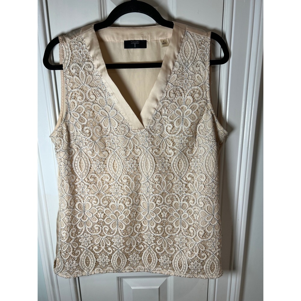 Tahari Womens Sleeveless Lace V-Neck Blouse Champagne Beige Metallic Floral M
